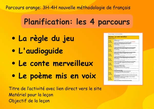 Planification français nouvelle méthodologie les 4 parcours de la série orange (3H-4H) avec lien direct vers les activités du site