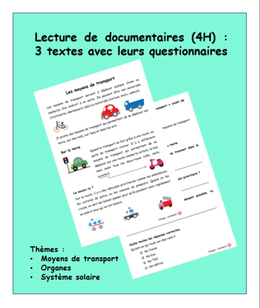 Français 4H : Lecture de documentaires : 3 textes et leurs questionnaires