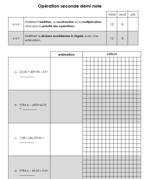 Evaluation demi note 2: technique de calcul par écrit