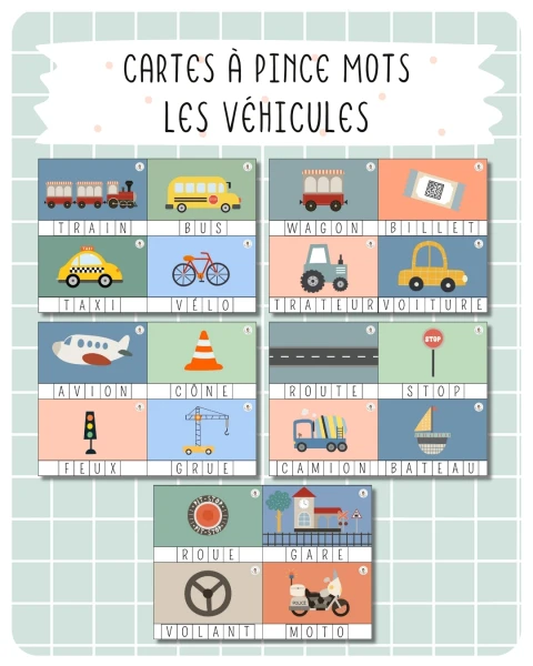 🚗 Cartes à pince – Reconstituer les mots – Les véhicules