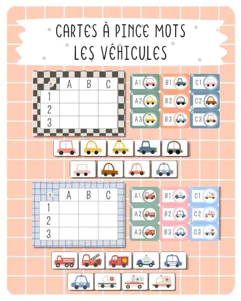 🚦 2x tableaux 3x3 avec cartes – Les véhicules