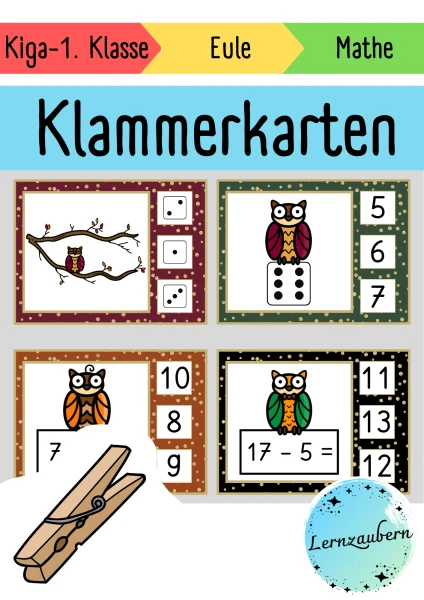 Klammerkarten Mathe: Zählen, Würfel, Addition und Subtraktion (Eule / Herbst)