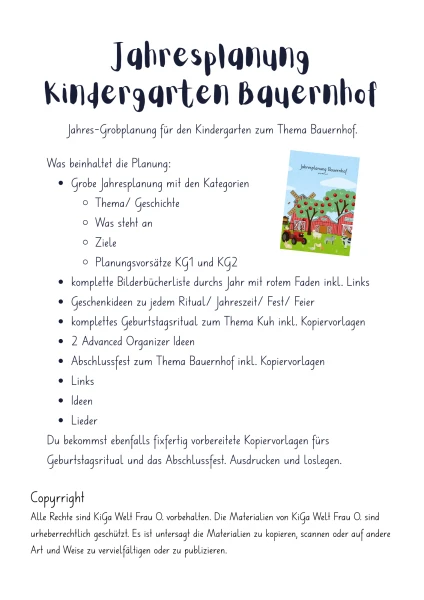 Jahres- Grobplanung für den Kindergarten zum Thema Bauernhof