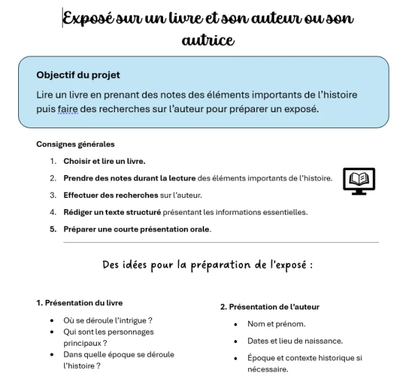 Document de consigne et prise de notes : Exposé sur un livre et son auteur ou autrice