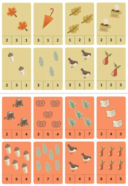 Maths dénombrement cartes à pince de 1 à 12 sur l'automne