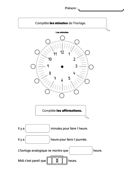 11 exercice pour apprendre l'heure digitale et analogique