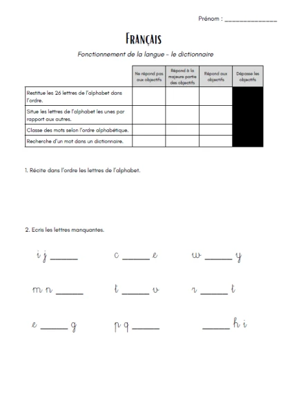 Evaluation français 4H - FDL - Le dictionnaire 1