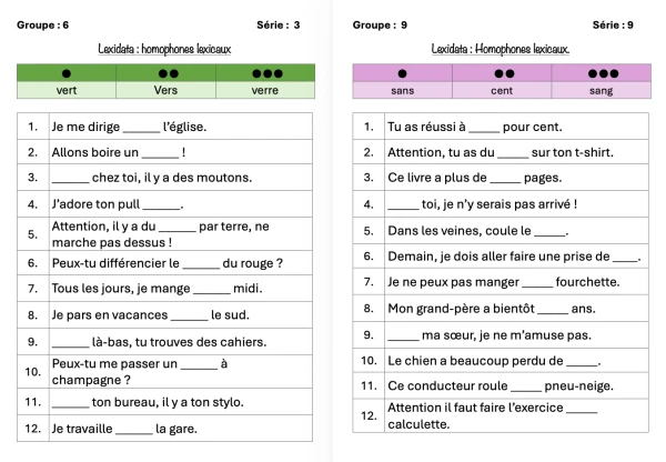 Lexidata : 4 fiches homophones lexicaux