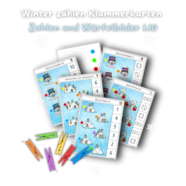 ❄️⛄🐧🐻‍❄️ compter l'hiver cartes à agrafer chiffres & images de cubes ZR 1-6 & 1-10