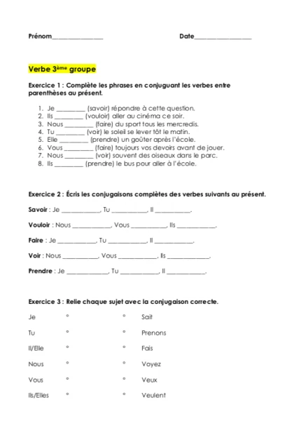Fiche avec 3 exercices de conjugaison au présent du 3ème groupe