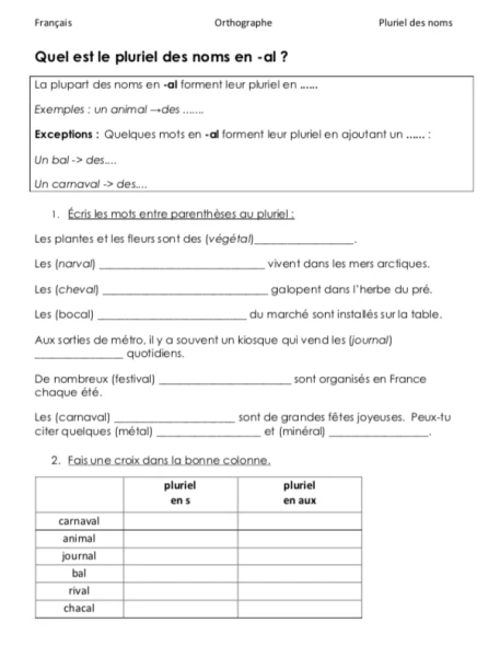 Fiche exercices pluriel des noms en -al
