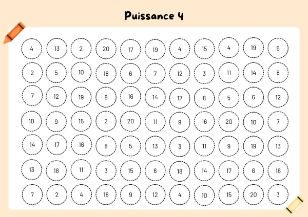 Puissance 4 des additions jusqu'à 20