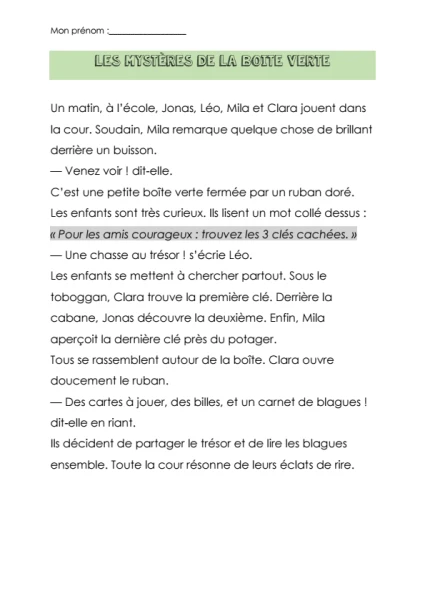 Lecture compréhension 4H - les mystères de la boite verte