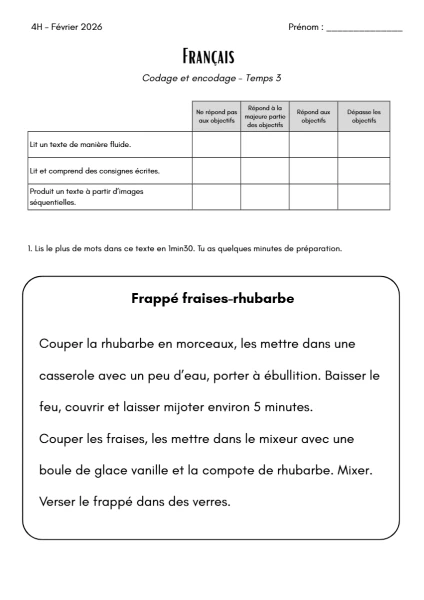 Evaluation français 4H - Codage et encodage T3