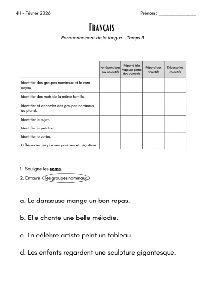 Evaluation français 4H - FDL - arts
