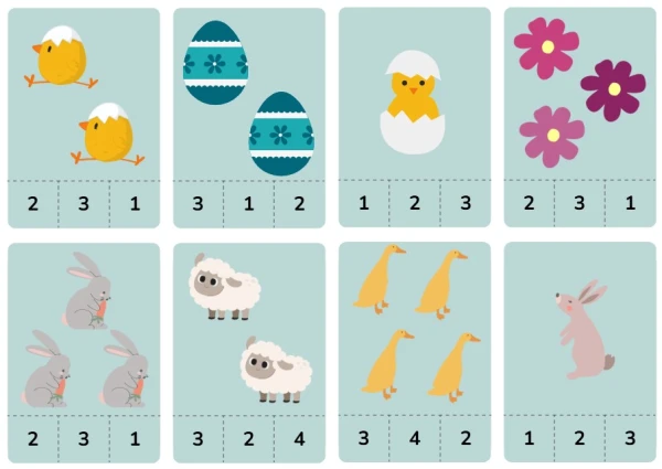 Maths dénombrement cartes à pince 1 à 12 Pâques