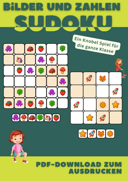 Sudoku Rätsel für Kinder mit süßen Motiven oder Zahlen