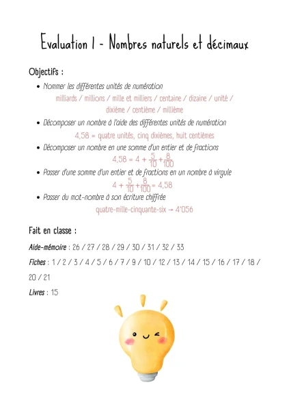 8H Nombres naturels et décimaux - Objectifs test 1