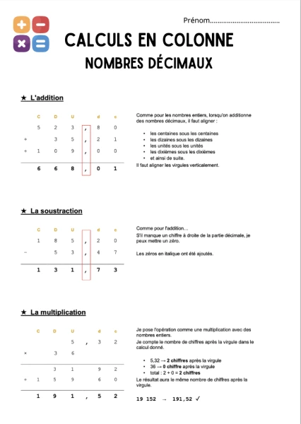 Théorie + exercices calculs en colonne nombres décimaux