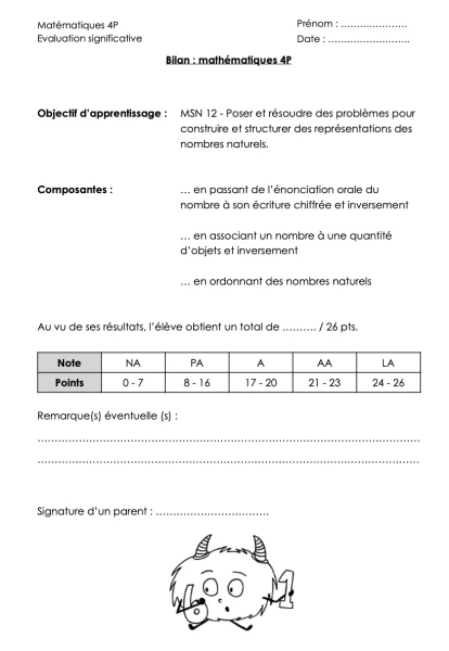 Bilan mathématiques fin 4P