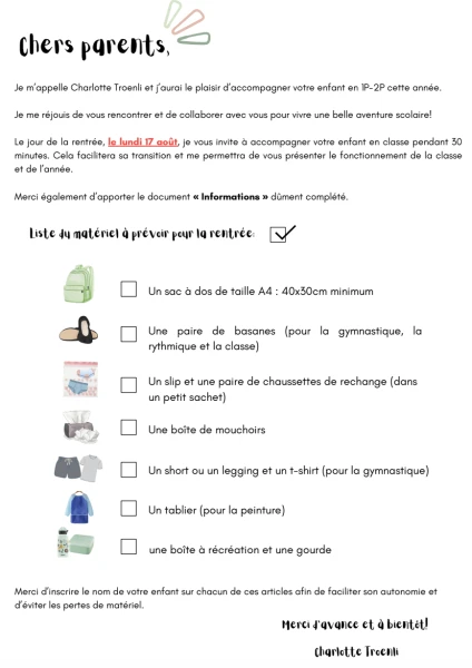 Liste matériel rentrée - parents