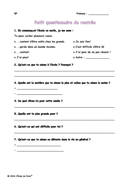 Questionnaire de rentrée 5P (élèves)