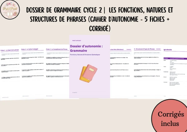 DOSSIER DE GRAMMAIRE Cycle 2 |  Les Fonctions, Natures et Structures de phrases (Cahier d'autonomie - 5 fiches + corrigé)