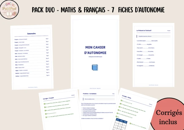 PACK DUO - Maths & Français - 7  Fiches d'Autonomie