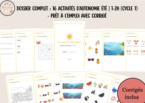 DOSSIER COMPLET : 16 Activités d'Autonomie ÉTÉ | 1-2H (Cycle 1) - Prêt à l'Emploi avec corrigé