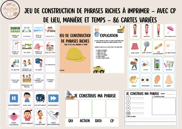 Jeu de construction de phrases riches à imprimer – Avec CP de lieu, manière et temps – 86 Cartes variées