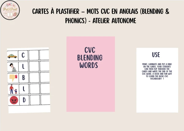 Cartes à plastifier – Mots CVC en Anglais (Blending & Phonics) - Atelier Autonome