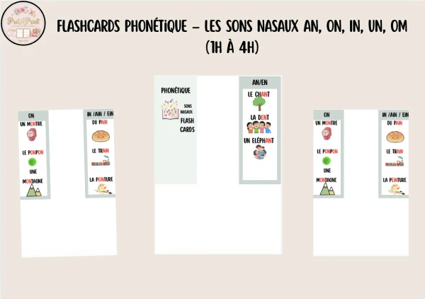 Flashcards Phonétique – Les Sons Nasaux AN, ON, IN, UN, OM (1H à 4H)