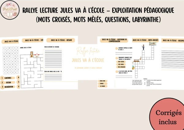 Rallye Lecture Jules va à l'école – Exploitation pédagogique (Mots croisés, Mots mêlés, Questions, Labyrinthe)