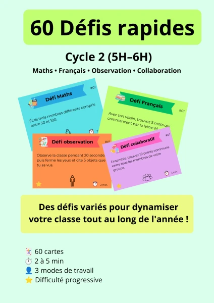 🚀 60 défis rapides pour dynamiser votre classe ! (Cycle 2 – 5H-6H)