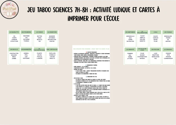 Jeu Taboo Sciences 7H-8H : Activité ludique et cartes à imprimer pour l'école