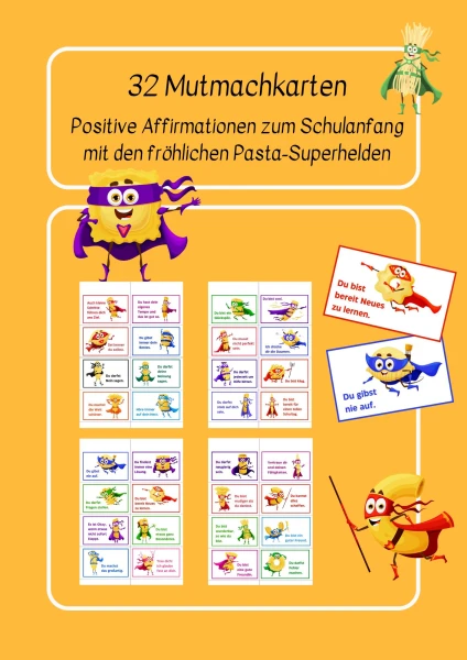 Mutmachkarten Pasta-Superhelden– Positive Affirmationen zum Schulanfang