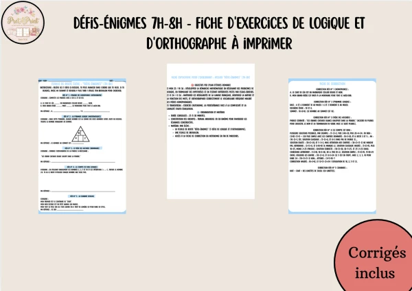 Défis-Énigmes 7H-8H - Fiche d'exercices de logique et d'orthographe à imprimer