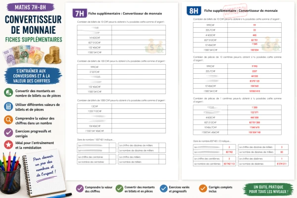 Convertisseur de monnaie – Fiches supplémentaires avec corrigés (7H–8H)
