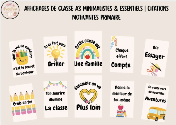 Affichages de Classe A3 Minimalistes & Essentiels | Citations Motivantes Primaire
