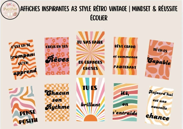 Affiches Inspirantes A3 Style Rétro Vintage | Mindset & Réussite Écolier