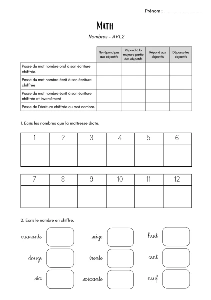 Evaluation maths 4H - Nombres AV1.2