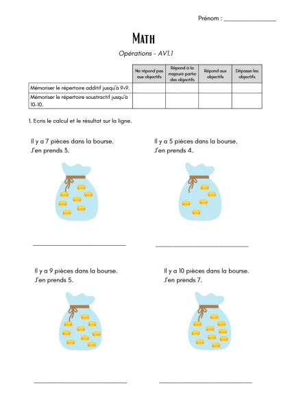 Evaluation maths 4H - Opérations AV1.1