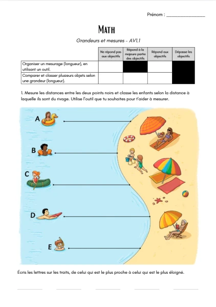 Evaluation maths 4H - Grandeurs et mesures AV1.1