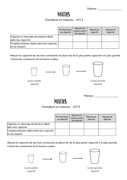 Evaluation maths 4H - Grandeurs et mesures AV1.3