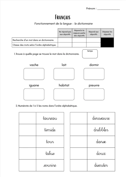 Evaluation français 4H - FDL - Le dictionnaire 2