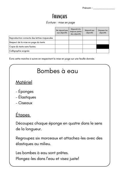 Evaluation français 4H - Geste et technique d'écriture - Mise en page