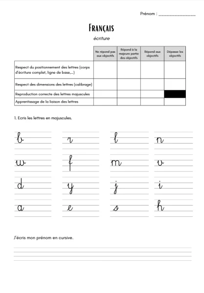 Evaluation français 4H - Geste et technique d'écriture - Majuscules
