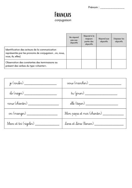 Evaluation français 4H - conjugaison