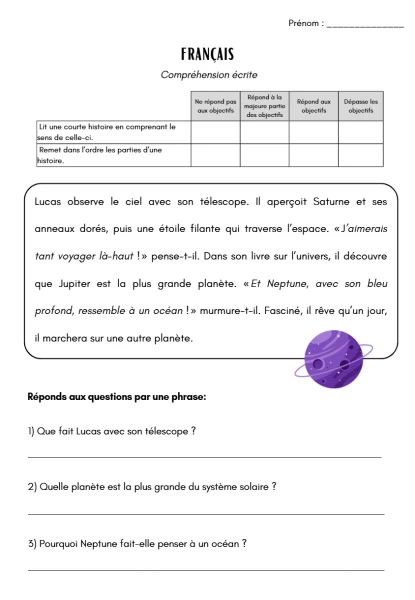 Evaluation français 4H - Compréhension écrite