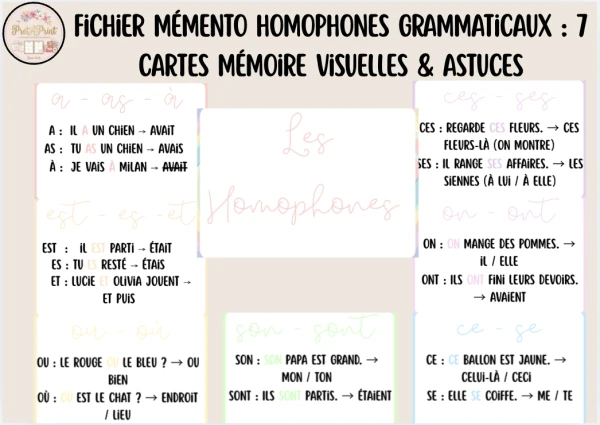 Fichier Mémento Homophones Grammaticaux : 7 Cartes Mémoire Visuelles & Astuces